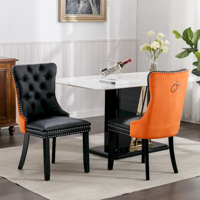 Set di 2 sedie da pranzo con schienale alto, sedie da cucina imbottite in similpelle, sedia laterale con maniglia posteriore e gambe in legno
