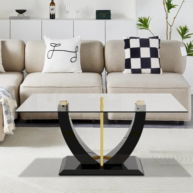 Tavolino da caffè rettangolare moderno ed elegante con piano in vetro e base in legno