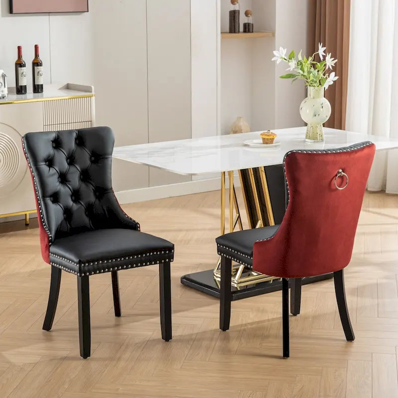 Set di 2 sedie da pranzo con schienale alto, sedie da cucina imbottite in similpelle, sedia laterale con maniglia posteriore e gambe in legno