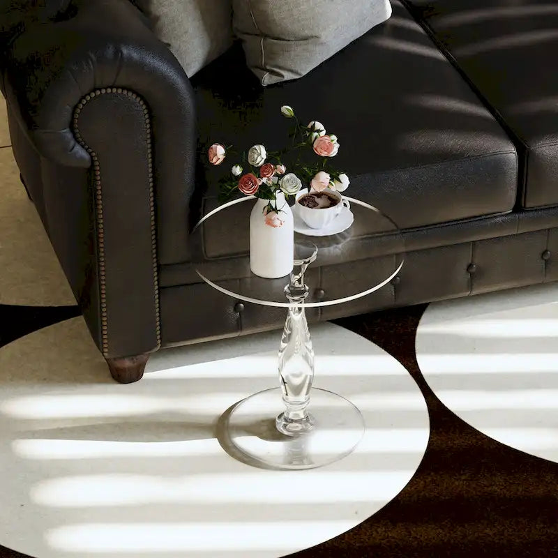 Tavolino rotondo in acrilico trasparente con montante solido, comodino - 18 diam. x 19 h