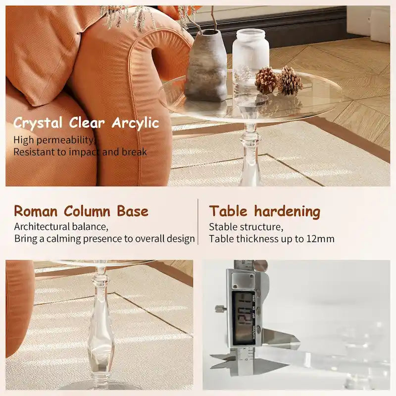 Tavolino rotondo in acrilico trasparente con montante solido, comodino - 18 diam. x 19 h