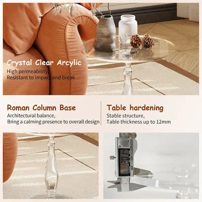 Tavolino rotondo in acrilico trasparente con montante solido, comodino - 18 diam. x 19 h