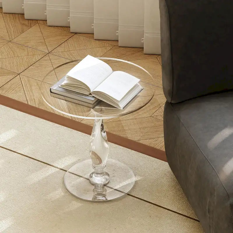 Tavolino rotondo in acrilico trasparente con montante solido, comodino - 18 diam. x 19 h