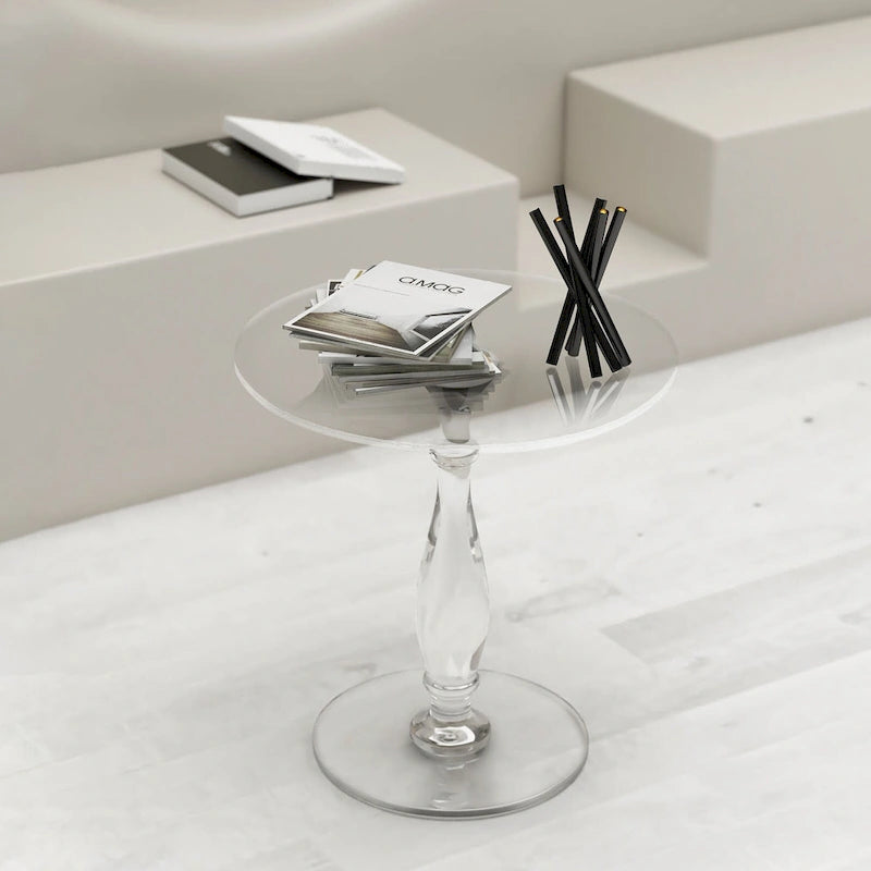 Tavolino rotondo in acrilico trasparente con montante solido, comodino - 18 diam. x 19 h