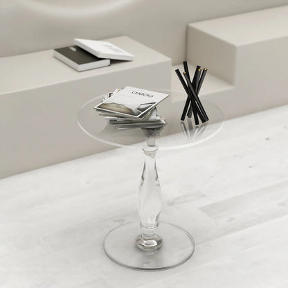 Tavolino rotondo in acrilico trasparente con montante solido, comodino - 18 diam. x 19 h