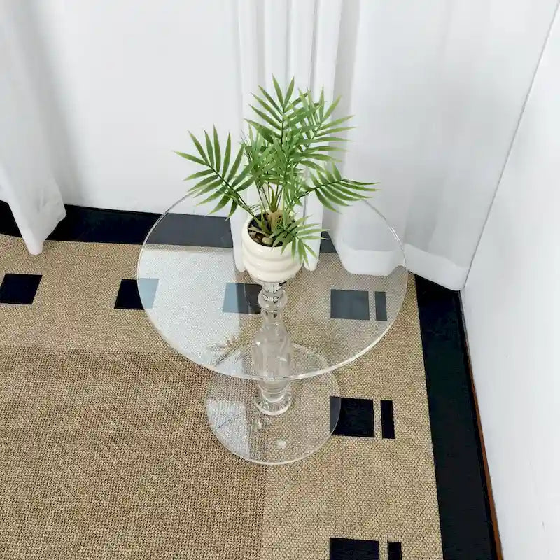 Tavolino rotondo in acrilico trasparente con montante solido, comodino - 18 diam. x 19 h