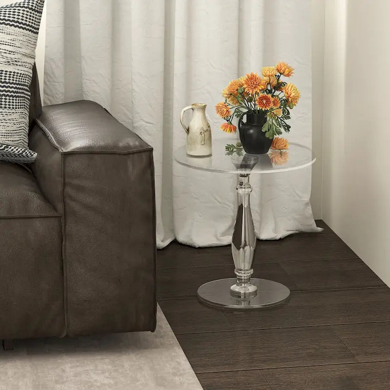 Tavolino rotondo in acrilico trasparente con montante solido, comodino - 18 diam. x 19 h