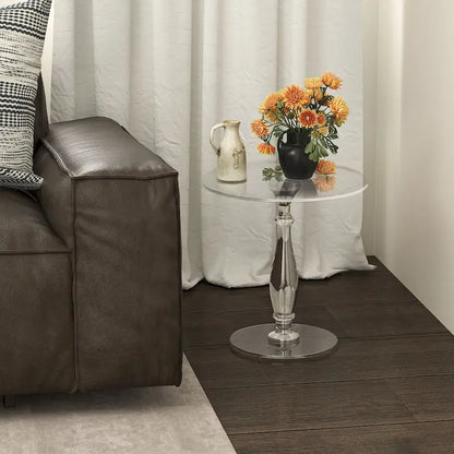 Tavolino rotondo in acrilico trasparente con montante solido, comodino - 18 diam. x 19 h