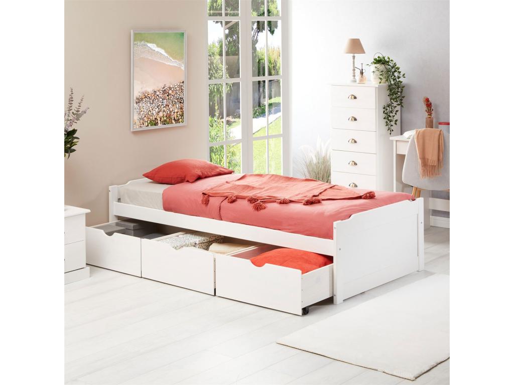 Struttura letto bianca con contenitore, 3 cassetti, 90 x 190 cm