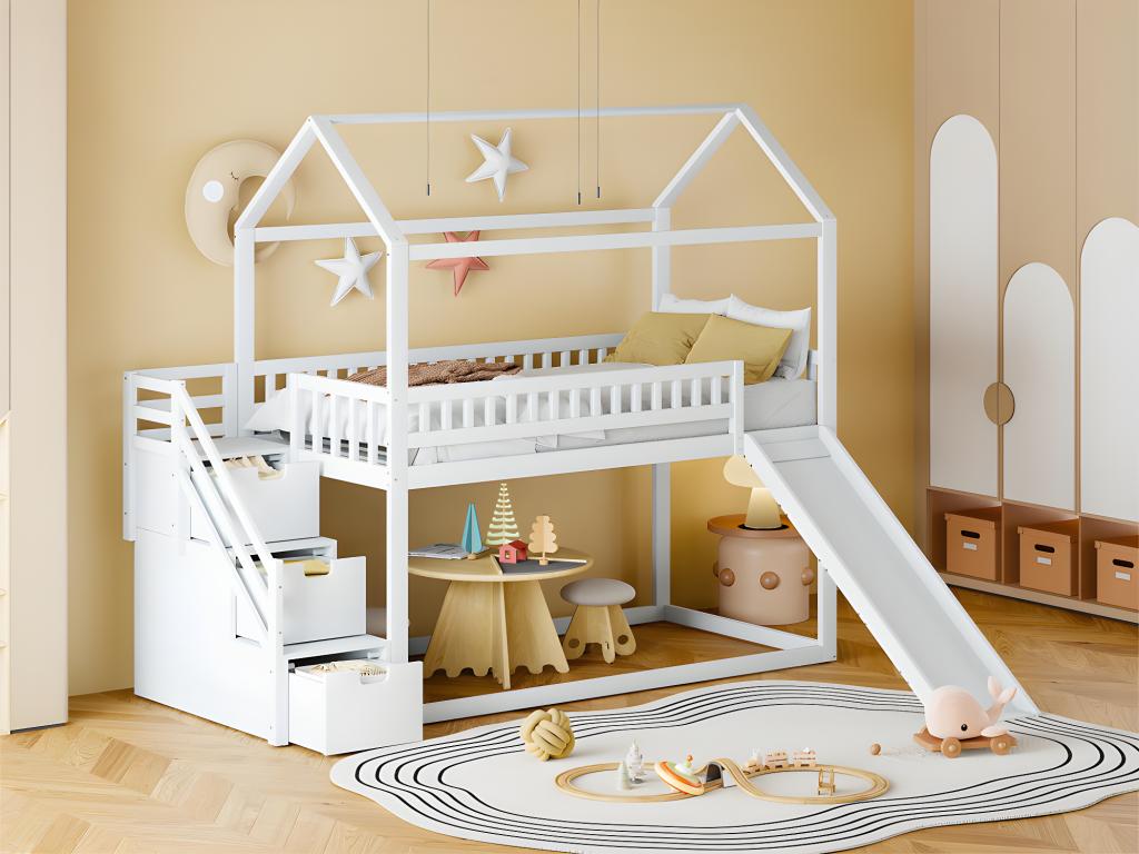 Struttura letto in legno massello bianco con contenitore, 90 x 200 cm