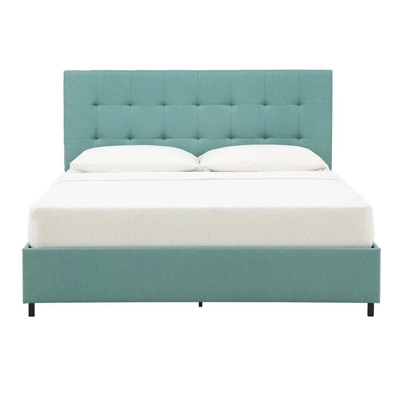 Letto matrimoniale con piattaforma, testiera imbottita, 105 cm di altezza, imbottito, senza box spring, piedini neri, mobili per camera da letto, lunghezza 210 cm