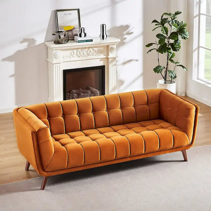 Divano moderno Chesterfield in velluto trapuntato, divano imbottito in stile Mid-Century, in schiuma ad alta densità, gambe in noce, mobili per soggiorno