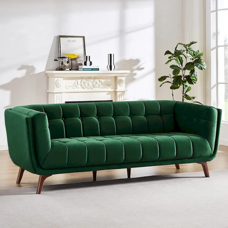 Divano moderno Chesterfield in velluto trapuntato, divano imbottito in stile Mid-Century, in schiuma ad alta densità, gambe in noce, mobili per soggiorno
