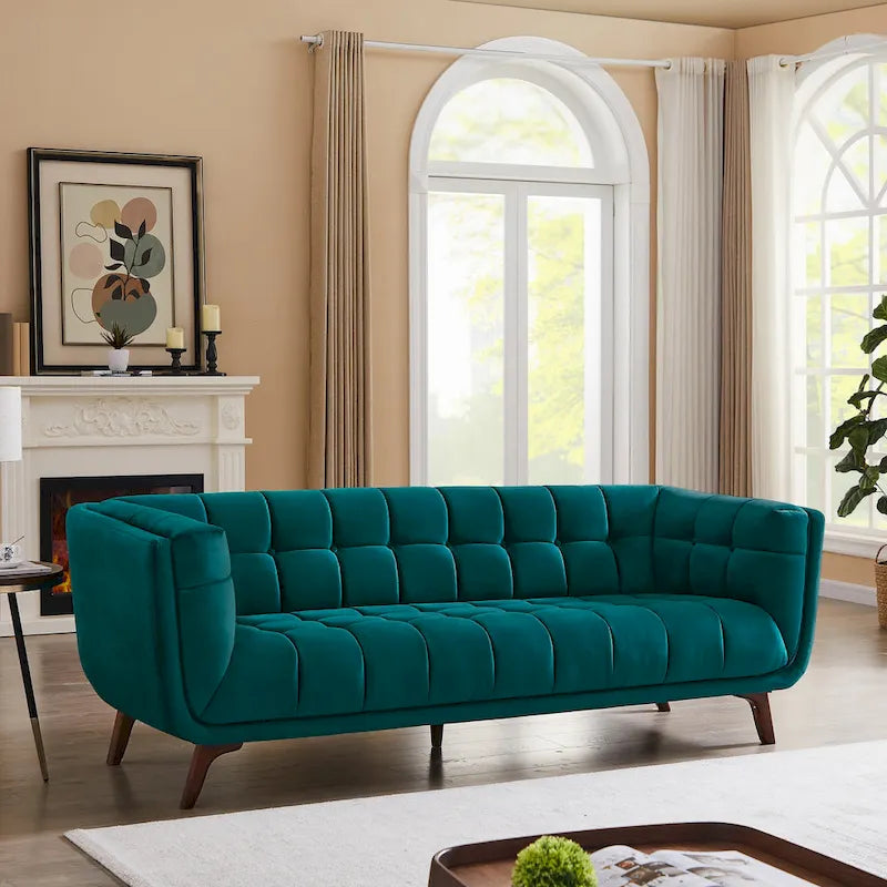 Divano moderno Chesterfield in velluto trapuntato, divano imbottito in stile Mid-Century, in schiuma ad alta densità, gambe in noce, mobili per soggiorno