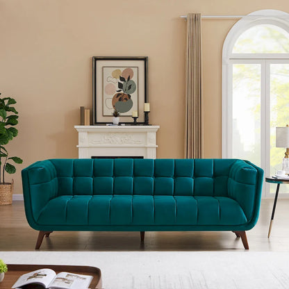Divano moderno Chesterfield in velluto trapuntato, divano imbottito in stile Mid-Century, in schiuma ad alta densità, gambe in noce, mobili per soggiorno
