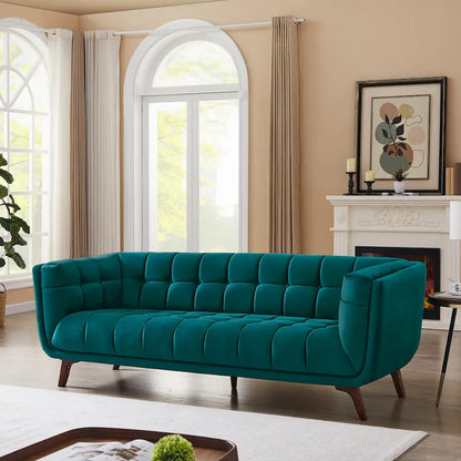 Divano moderno Chesterfield in velluto trapuntato, divano imbottito in stile Mid-Century, in schiuma ad alta densità, gambe in noce, mobili per soggiorno