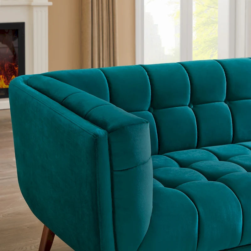 Divano moderno Chesterfield in velluto trapuntato, divano imbottito in stile Mid-Century, in schiuma ad alta densità, gambe in noce, mobili per soggiorno