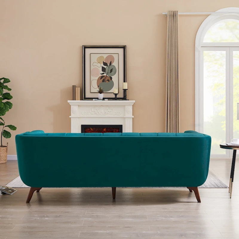Divano moderno Chesterfield in velluto trapuntato, divano imbottito in stile Mid-Century, in schiuma ad alta densità, gambe in noce, mobili per soggiorno