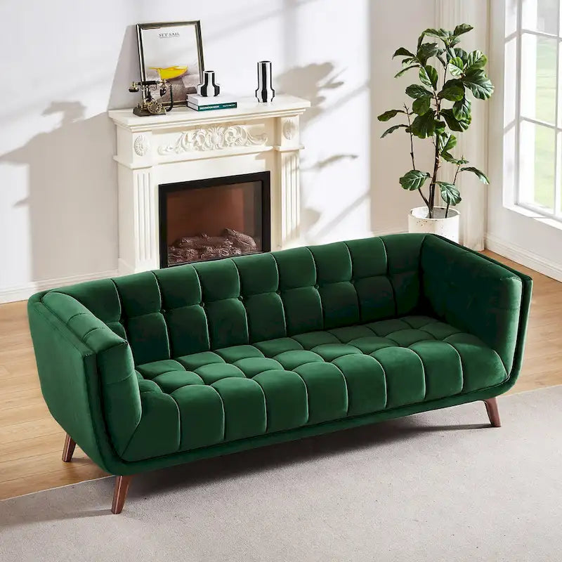 Divano moderno Chesterfield in velluto trapuntato, divano imbottito in stile Mid-Century, in schiuma ad alta densità, gambe in noce, mobili per soggiorno