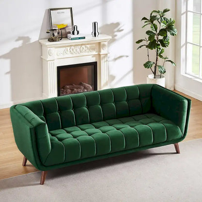 Divano moderno Chesterfield in velluto trapuntato, divano imbottito in stile Mid-Century, in schiuma ad alta densità, gambe in noce, mobili per soggiorno