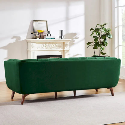 Divano moderno Chesterfield in velluto trapuntato, divano imbottito in stile Mid-Century, in schiuma ad alta densità, gambe in noce, mobili per soggiorno