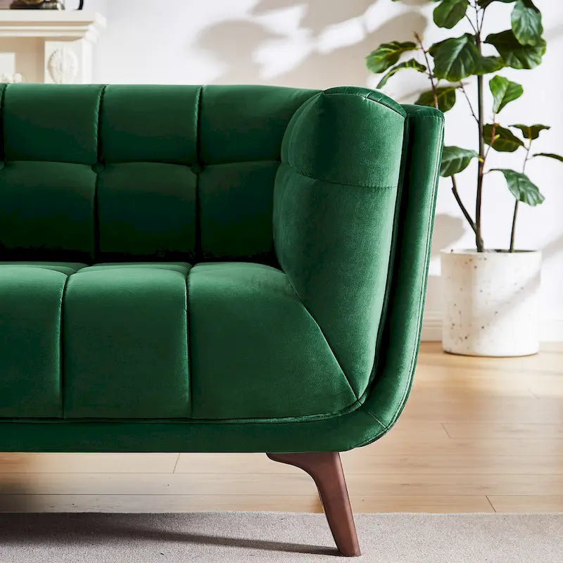 Divano moderno Chesterfield in velluto trapuntato, divano imbottito in stile Mid-Century, in schiuma ad alta densità, gambe in noce, mobili per soggiorno