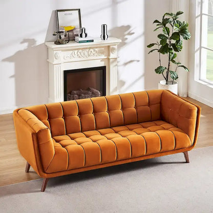 Divano moderno Chesterfield in velluto trapuntato, divano imbottito in stile Mid-Century, in schiuma ad alta densità, gambe in noce, mobili per soggiorno