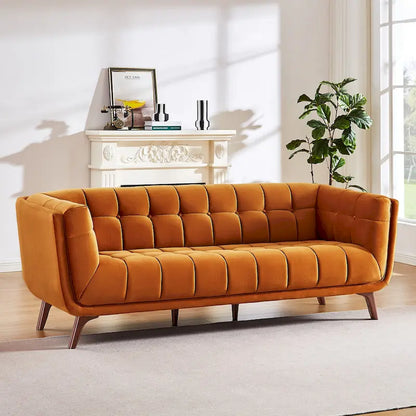 Divano moderno Chesterfield in velluto trapuntato, divano imbottito in stile Mid-Century, in schiuma ad alta densità, gambe in noce, mobili per soggiorno