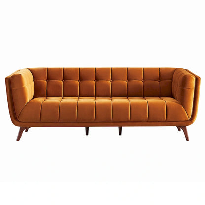 Divano moderno Chesterfield in velluto trapuntato, divano imbottito in stile Mid-Century, in schiuma ad alta densità, gambe in noce, mobili per soggiorno