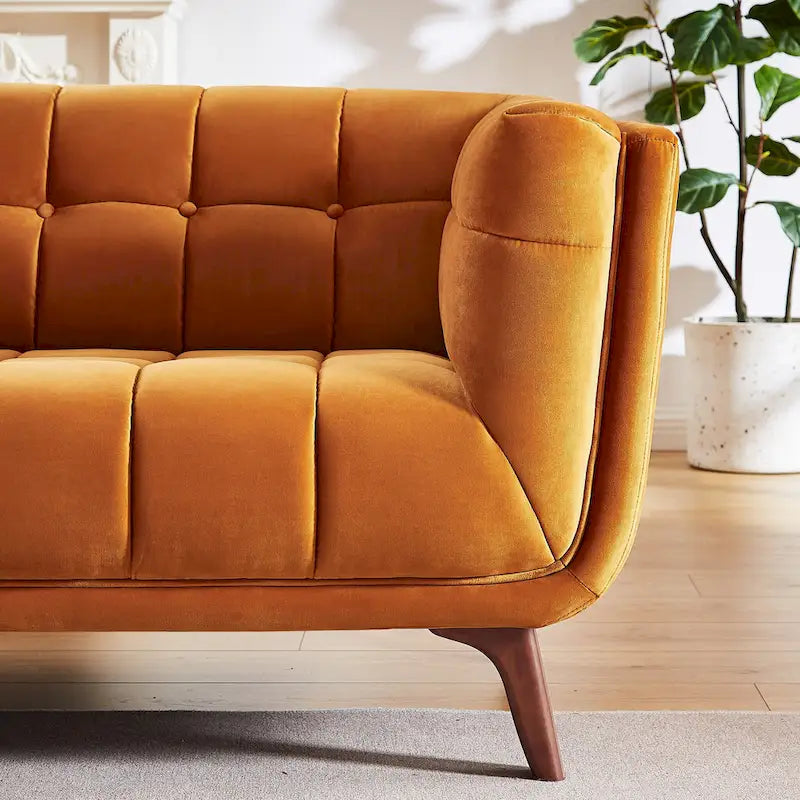 Divano moderno Chesterfield in velluto trapuntato, divano imbottito in stile Mid-Century, in schiuma ad alta densità, gambe in noce, mobili per soggiorno