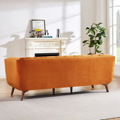 Divano moderno Chesterfield in velluto trapuntato, divano imbottito in stile Mid-Century, in schiuma ad alta densità, gambe in noce, mobili per soggiorno