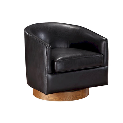 Poltrona girevole a botte in similpelle, rotazione a 360 gradi, base in legno, 28"H x 29"W, stile moderno, senza montaggio, marrone scuro, blu notte.