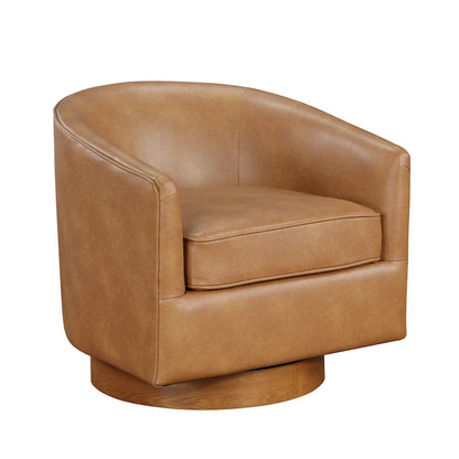 Poltrona girevole a botte in similpelle, rotazione a 360 gradi, base in legno, 28"H x 29"W, stile moderno, senza montaggio, marrone scuro, blu notte.