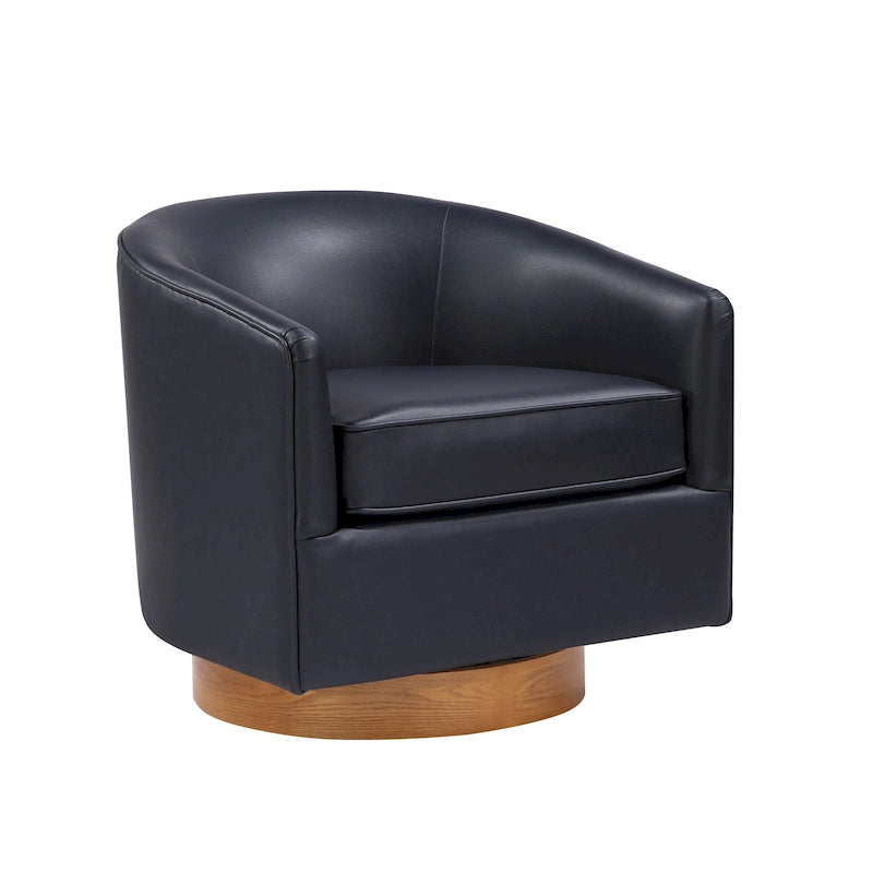 Poltrona girevole a botte in similpelle, rotazione a 360 gradi, base in legno, 28"H x 29"W, stile moderno, senza montaggio, marrone scuro, blu notte.