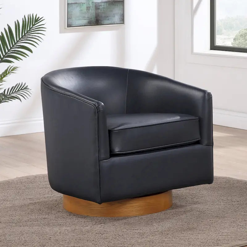 Poltrona girevole a botte in similpelle, rotazione a 360 gradi, base in legno, 28"H x 29"W, stile moderno, senza montaggio, marrone scuro, blu notte.
