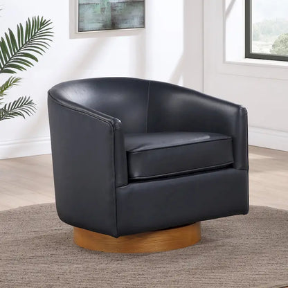 Poltrona girevole a botte in similpelle, rotazione a 360 gradi, base in legno, 28"H x 29"W, stile moderno, senza montaggio, marrone scuro, blu notte.