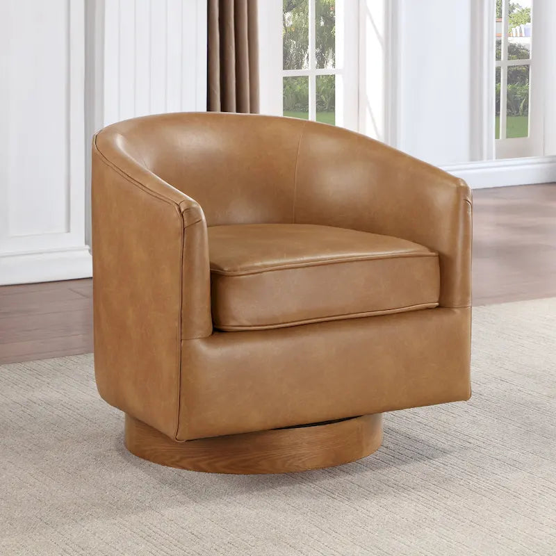 Poltrona girevole a botte in similpelle, rotazione a 360 gradi, base in legno, 28"H x 29"W, stile moderno, senza montaggio, marrone scuro, blu notte.