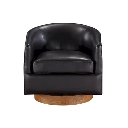 Poltrona girevole a botte in similpelle, rotazione a 360 gradi, base in legno, 28"H x 29"W, stile moderno, senza montaggio, marrone scuro, blu notte.