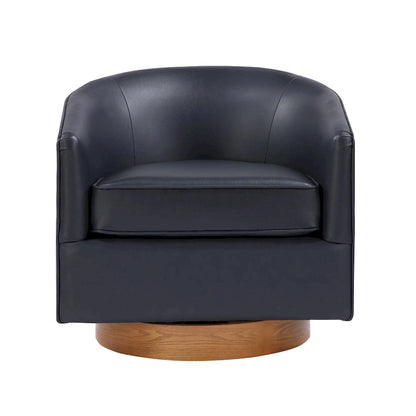 Poltrona girevole a botte in similpelle, rotazione a 360 gradi, base in legno, 28"H x 29"W, stile moderno, senza montaggio, marrone scuro, blu notte.
