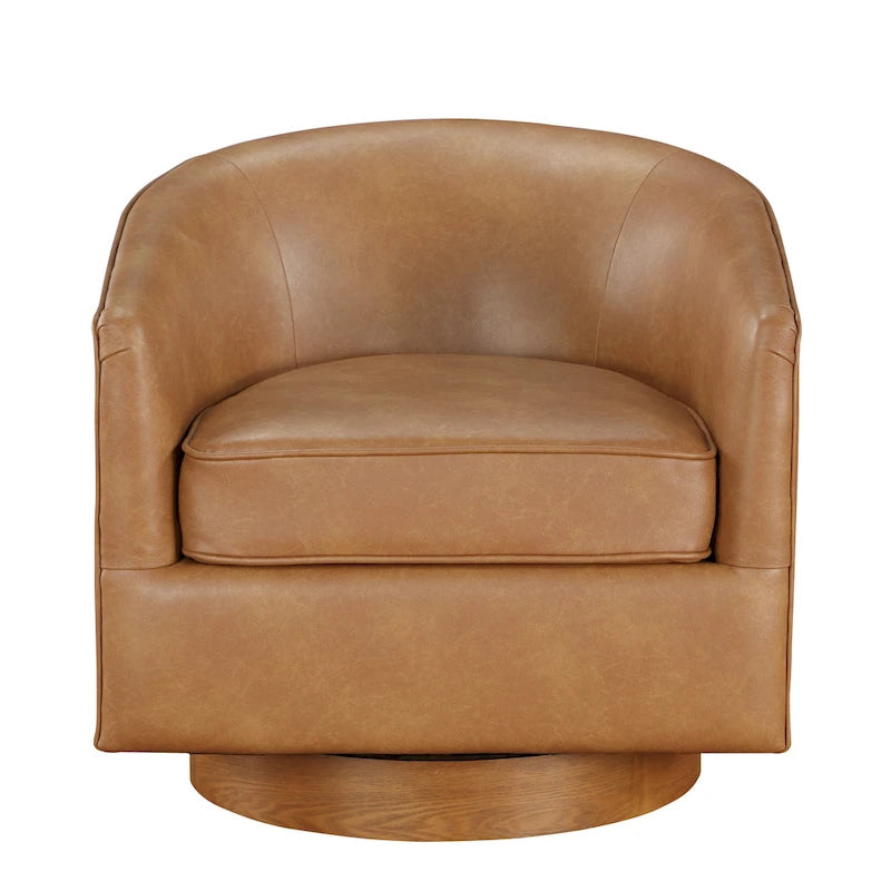 Poltrona girevole a botte in similpelle, rotazione a 360 gradi, base in legno, 28"H x 29"W, stile moderno, senza montaggio, marrone scuro, blu notte.