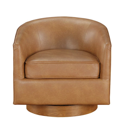 Poltrona girevole a botte in similpelle, rotazione a 360 gradi, base in legno, 28"H x 29"W, stile moderno, senza montaggio, marrone scuro, blu notte.
