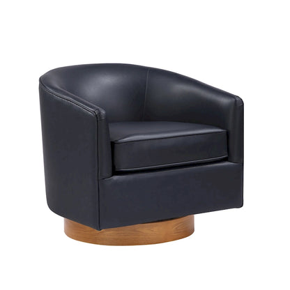 Poltrona girevole a botte in similpelle, rotazione a 360 gradi, base in legno, 28"H x 29"W, stile moderno, senza montaggio, marrone scuro, blu notte.