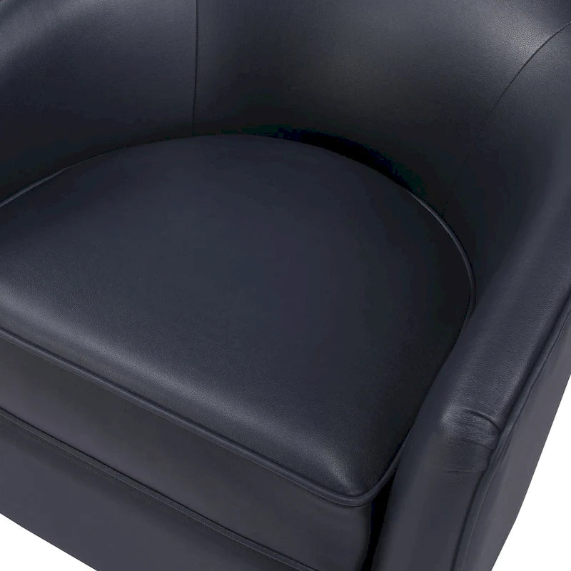Poltrona girevole a botte in similpelle, rotazione a 360 gradi, base in legno, 28"H x 29"W, stile moderno, senza montaggio, marrone scuro, blu notte.