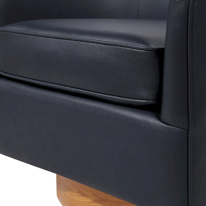 Poltrona girevole a botte in similpelle, rotazione a 360 gradi, base in legno, 28"H x 29"W, stile moderno, senza montaggio, marrone scuro, blu notte.