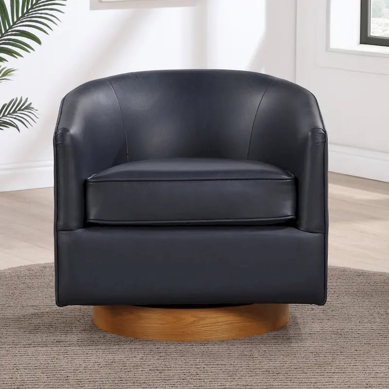 Poltrona girevole a botte in similpelle, rotazione a 360 gradi, base in legno, 28"H x 29"W, stile moderno, senza montaggio, marrone scuro, blu notte.