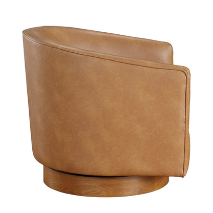 Poltrona girevole a botte in similpelle, rotazione a 360 gradi, base in legno, 28"H x 29"W, stile moderno, senza montaggio, marrone scuro, blu notte.