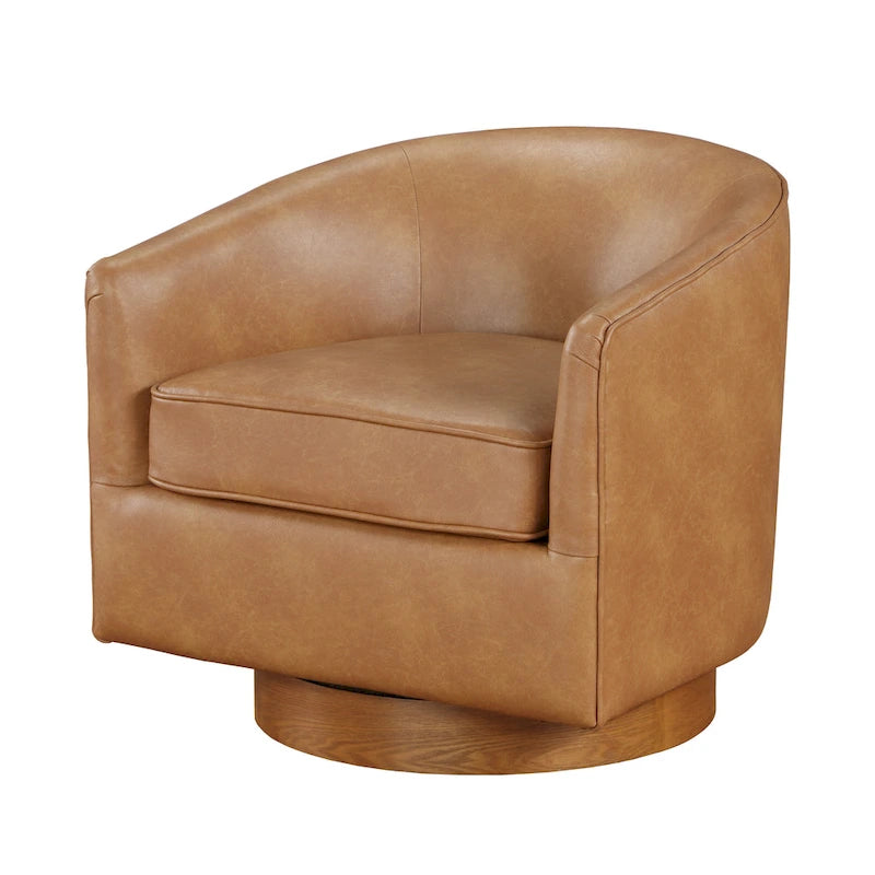 Poltrona girevole a botte in similpelle, rotazione a 360 gradi, base in legno, 28"H x 29"W, stile moderno, senza montaggio, marrone scuro, blu notte.