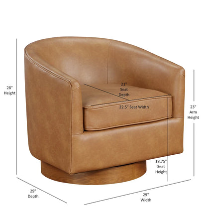 Poltrona girevole a botte in similpelle, rotazione a 360 gradi, base in legno, 28"H x 29"W, stile moderno, senza montaggio, marrone scuro, blu notte.