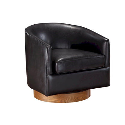 Poltrona girevole a botte in similpelle, rotazione a 360 gradi, base in legno, 28"H x 29"W, stile moderno, senza montaggio, marrone scuro, blu notte.