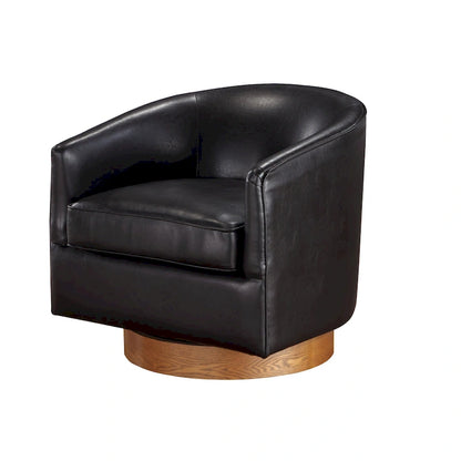 Poltrona girevole a botte in similpelle, rotazione a 360 gradi, base in legno, 28"H x 29"W, stile moderno, senza montaggio, marrone scuro, blu notte.